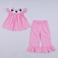 Pink character hand smocked dot ruffle pants set