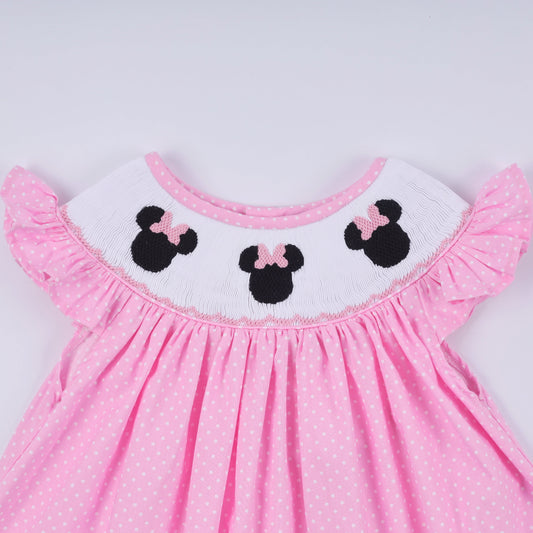 Pink character hand smocked dot ruffle pants set