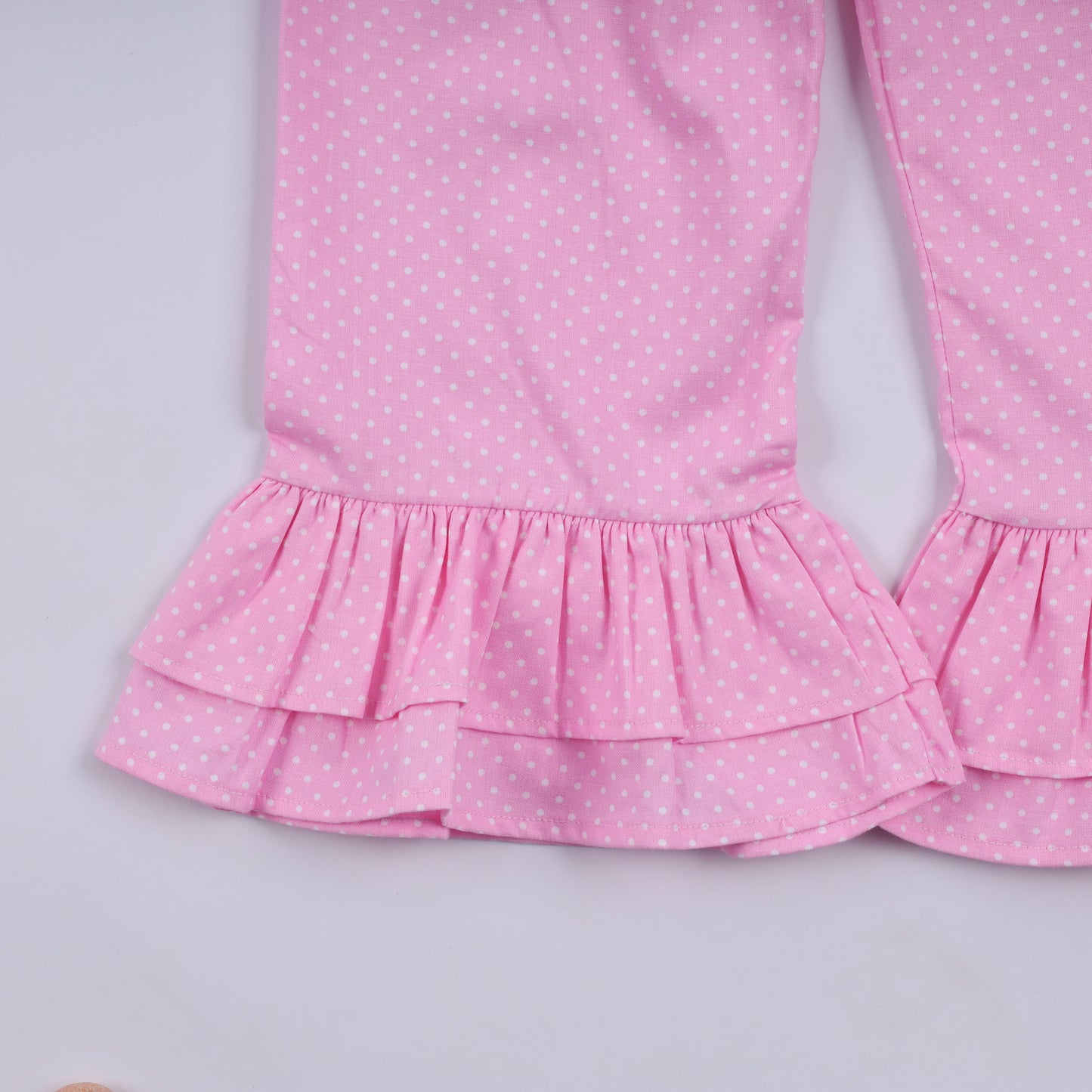 Pink character hand smocked dot ruffle pants set