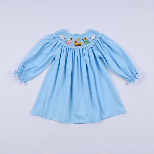Blue nativity hand smocked dress