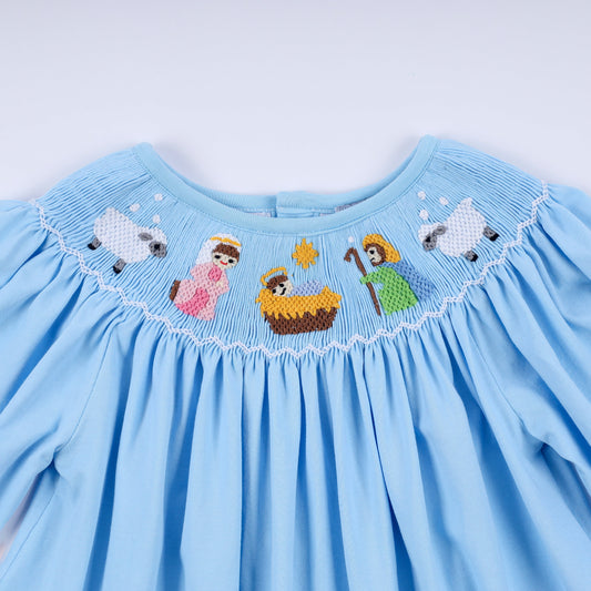 Blue nativity hand smocked dress