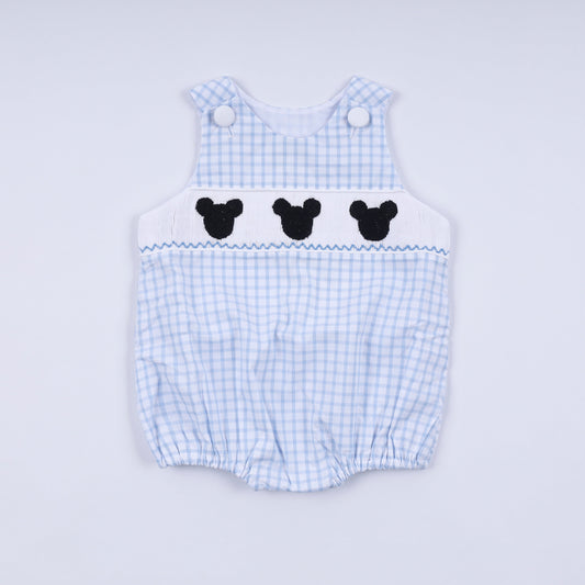 Blue character hand smocked gingham bubble