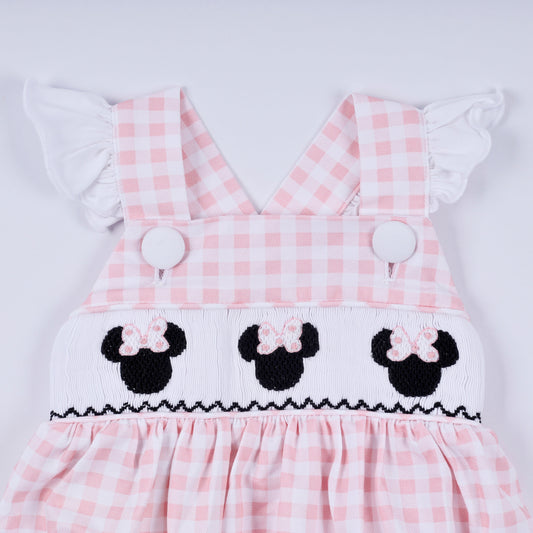 Pink character hand smocked gingham ruffle bubble