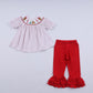 Red gingerbread hand smocked ruffle pants set