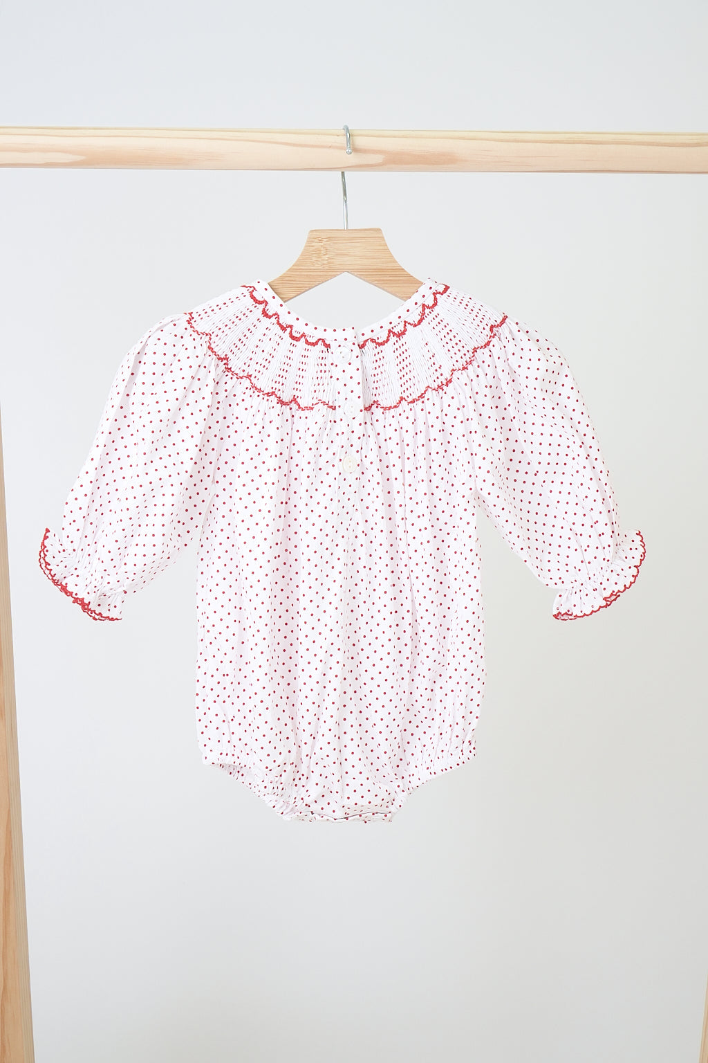 Red christmas bishop hand smocked dot bubble