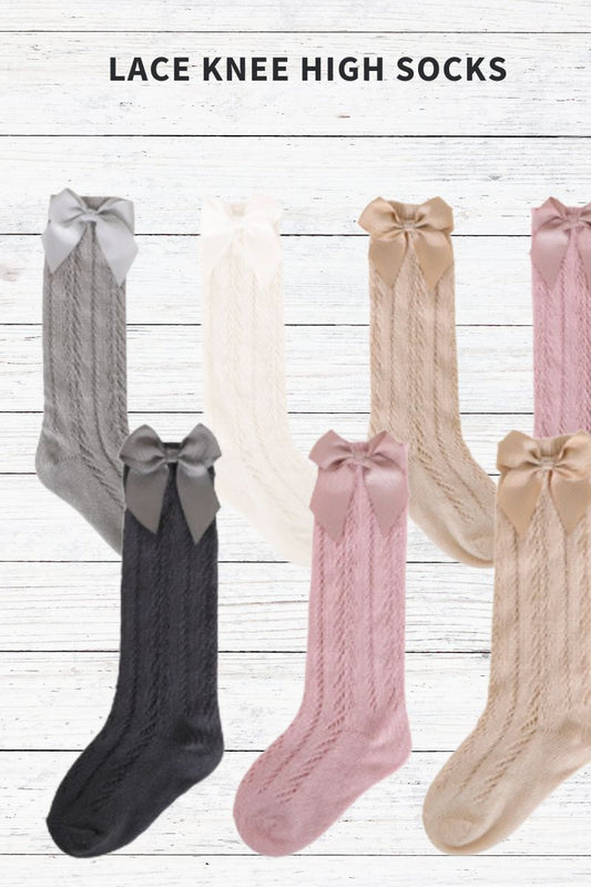 Lace cable bow knee high socks