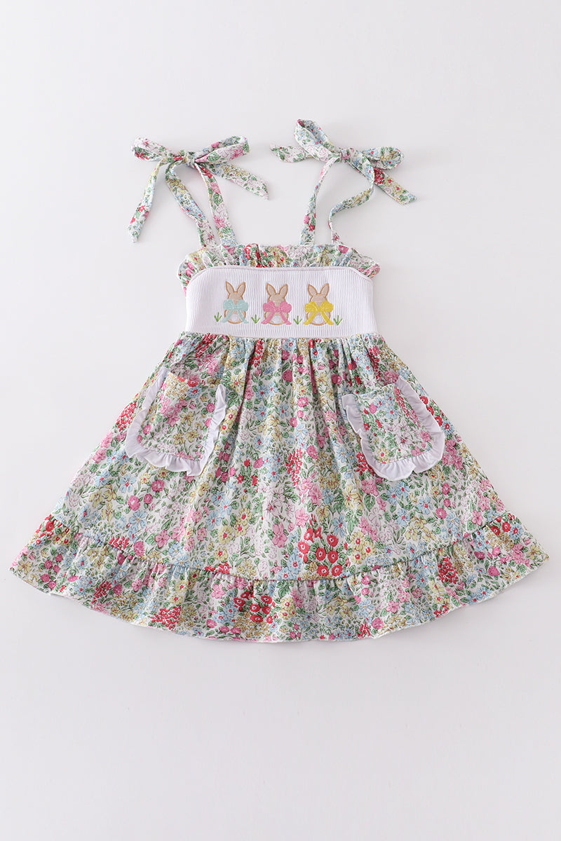 Easter floral print bunny embroidery girl dress