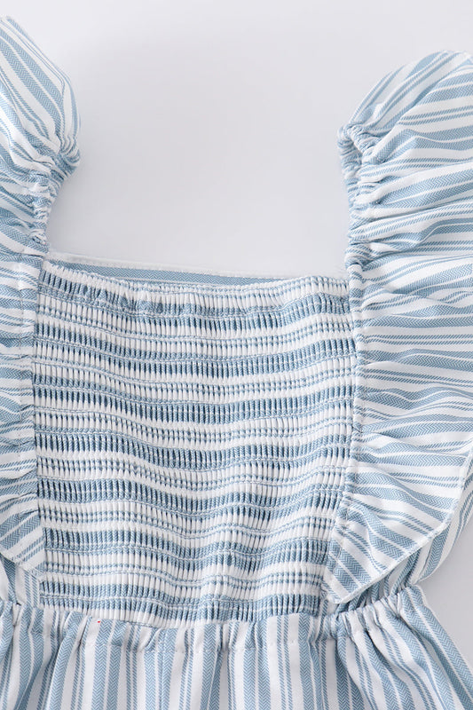 Blue stripe smocked girl jumpsuit