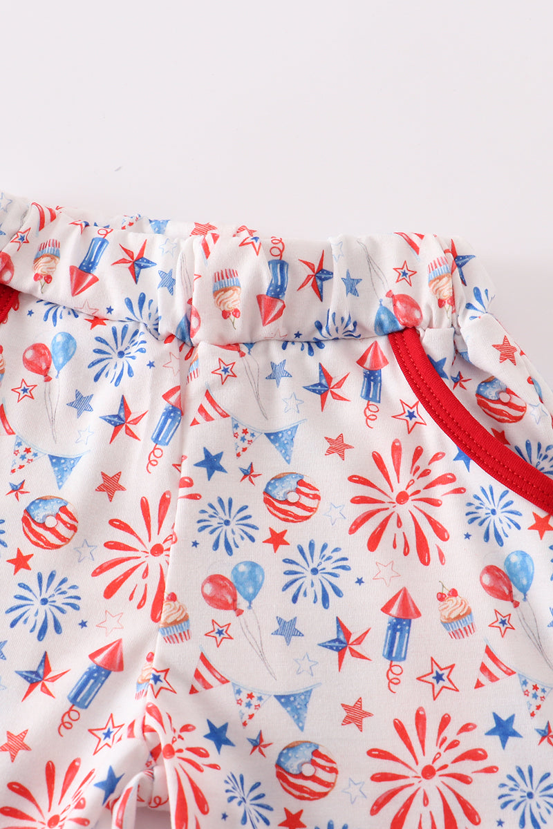 Red firework patriotic embroidery print boy set