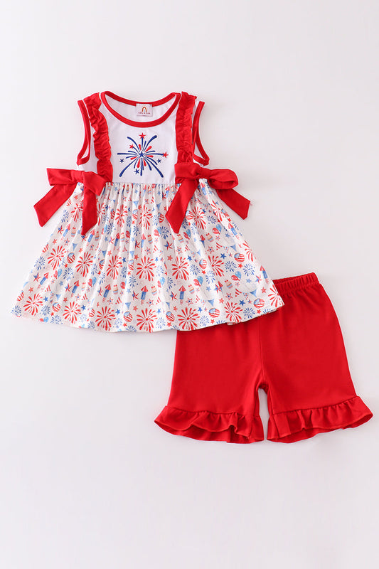 Red firework embroidery print girl set