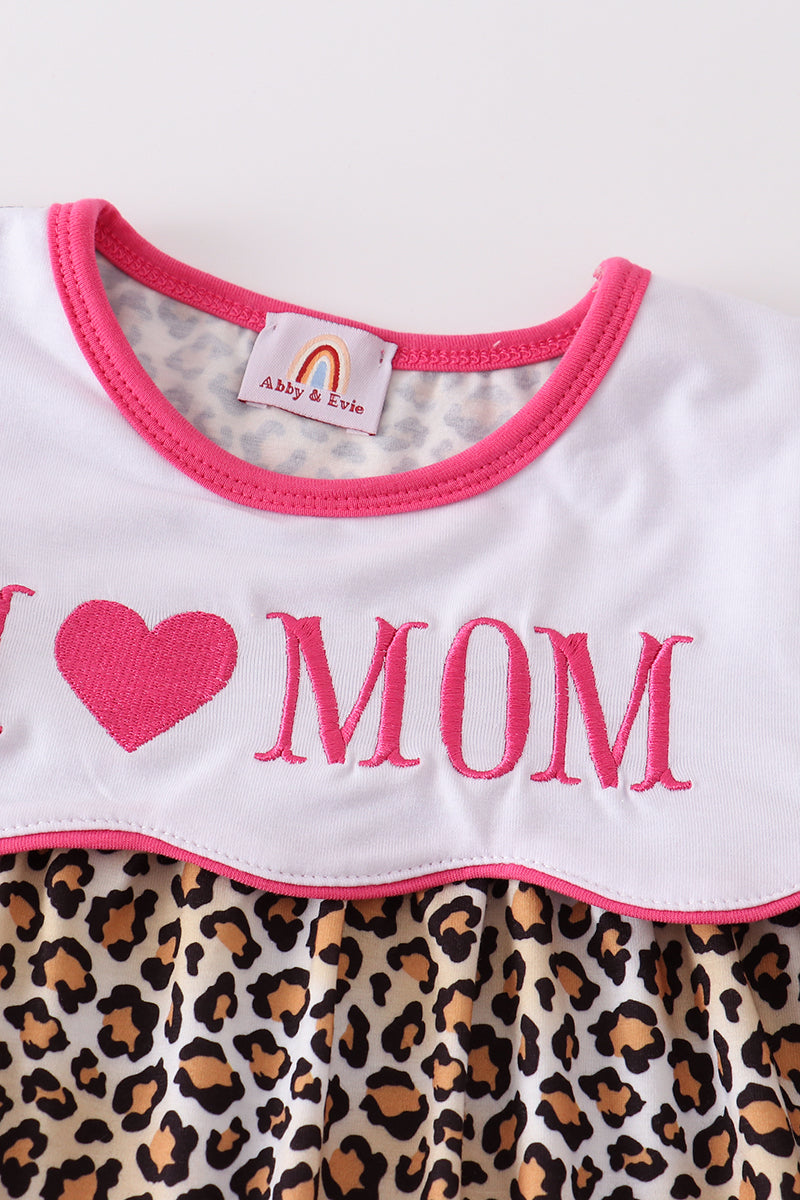 Leopard print I love MOM embroidery girl set