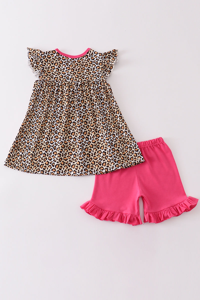 Leopard print I love MOM embroidery girl set