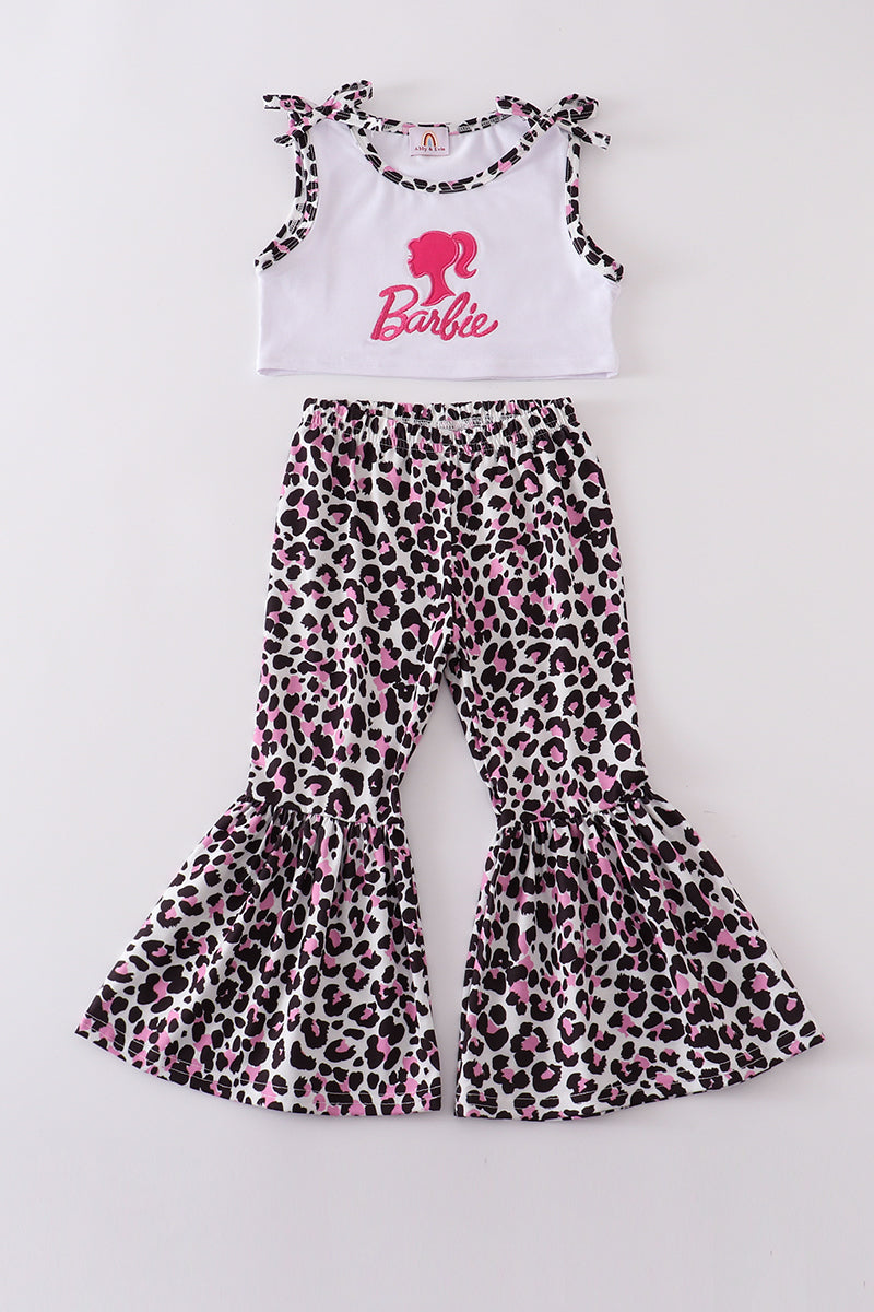 Leopard barbie applique girl bell pants set