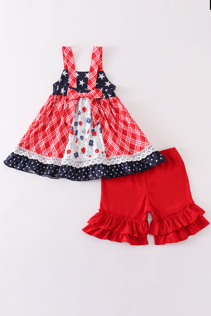 Patriotic floral plaid lace girl set