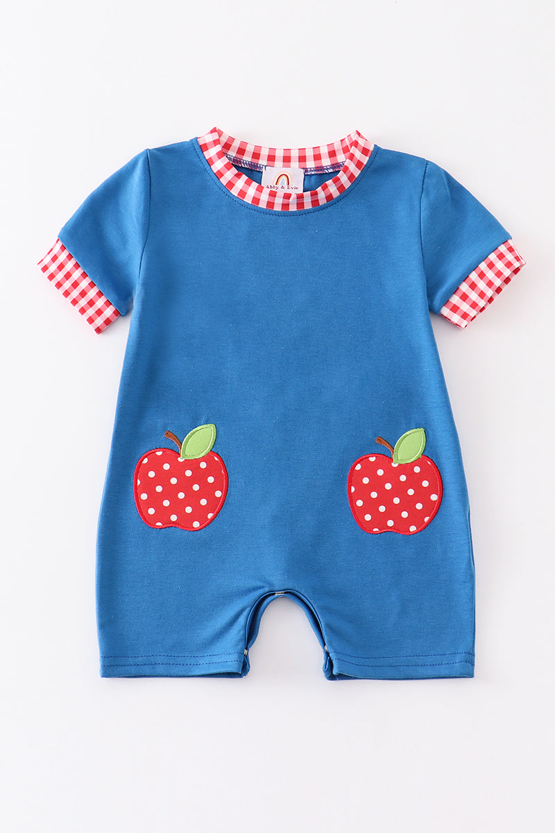 Blue apple applique back to school boy romper