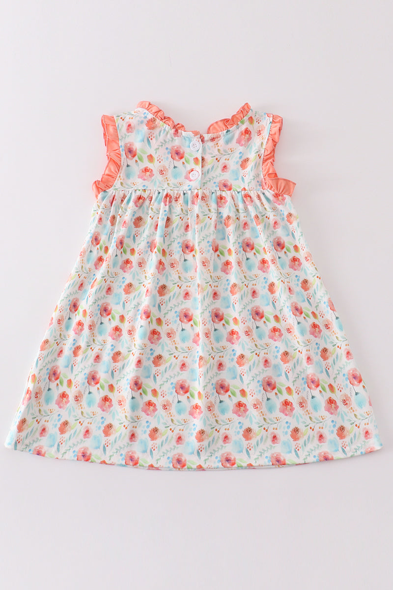 Coral floral print ruffle dress