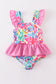 Pink floral print smocked one-piece girl swimsuit