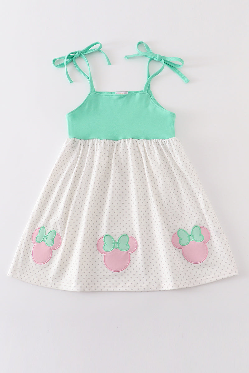 Green character applique strap dress