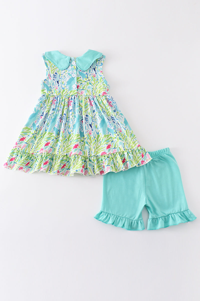 Green floral print girl ruffle shorts set