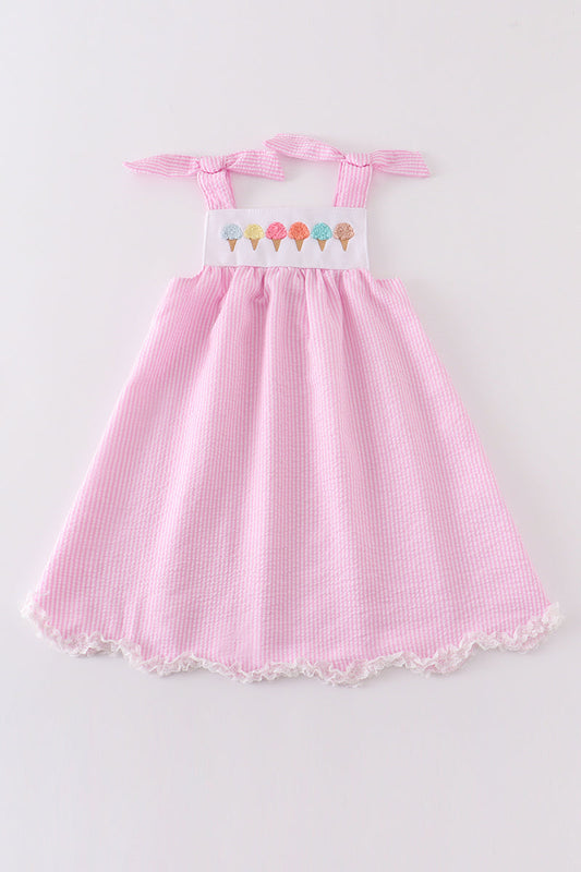 Pink ice cream french knot seersucker dress