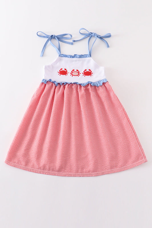 Red seersucker crab applique dress