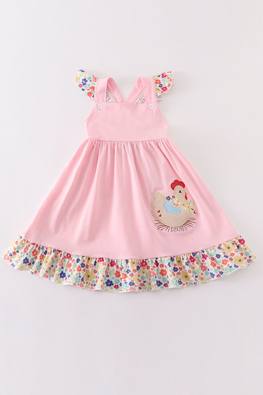 Pink floral chicken applique ruffle dress