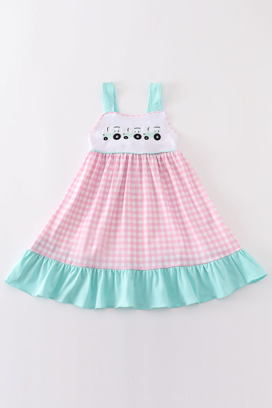 Pink tractor embroidery plaid dress