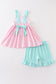 Pink tractor embroidery plaid girl set
