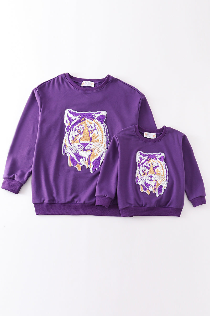 Purple LSU tiger sequin sweatshirt mom & me