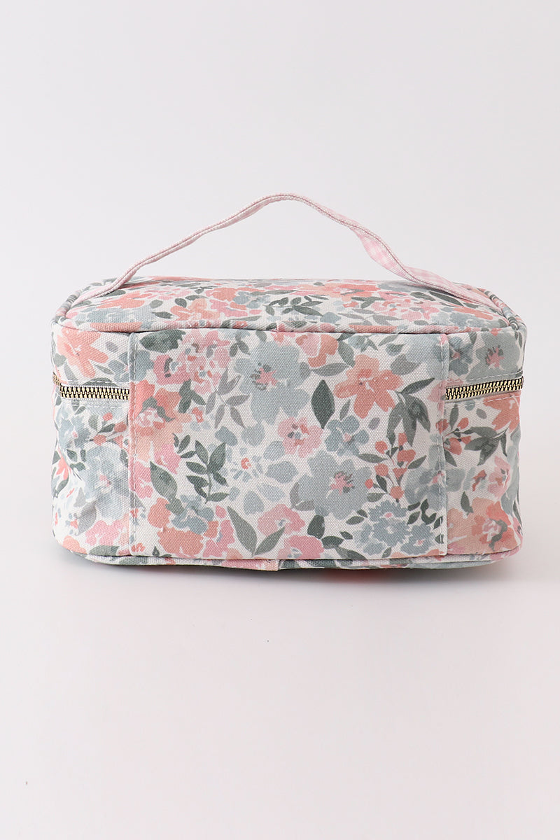 Pink floral makeup bag