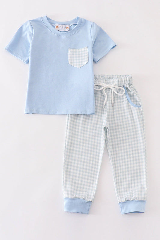 Blue gingham boy pants set