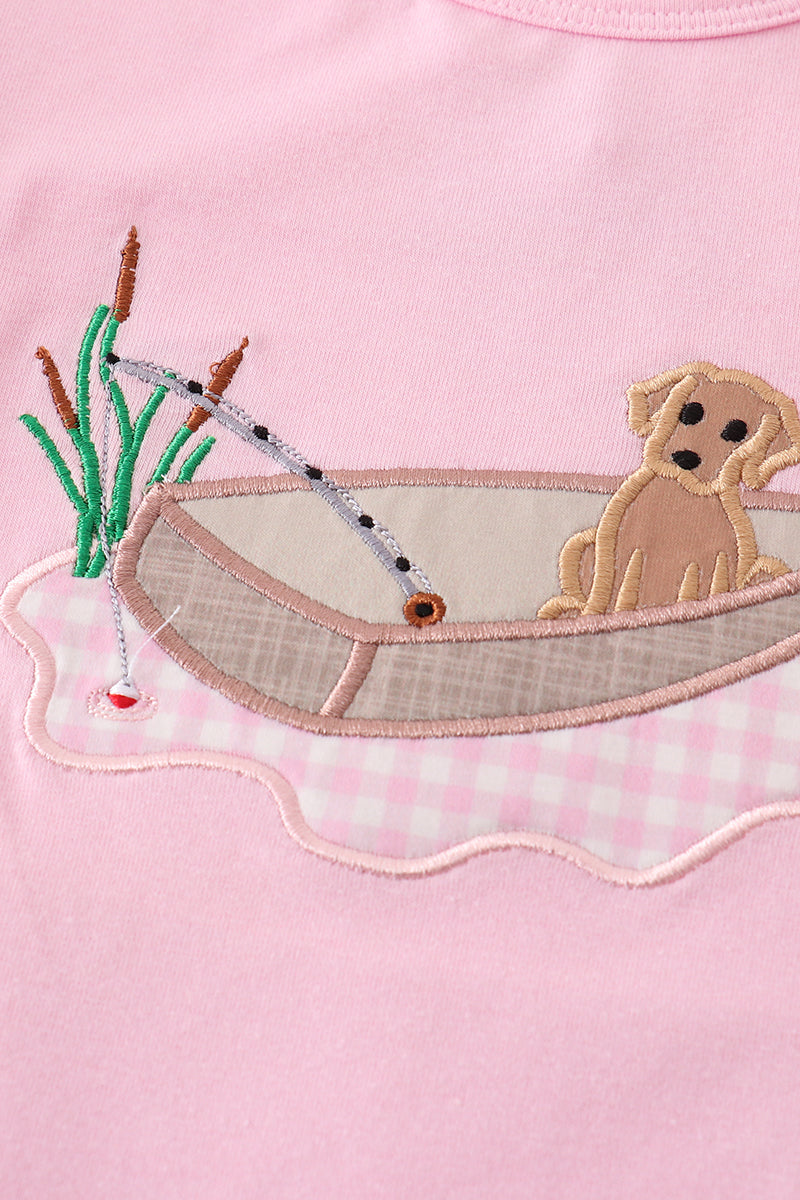 Pink fishing puppy applique girl set