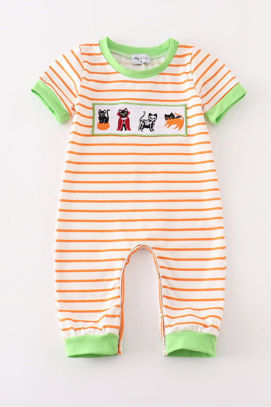 Green halloween cat embroidery boy romper