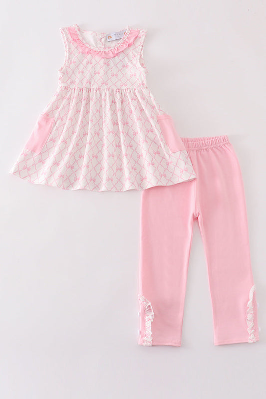 Pink bow embroidery girl set