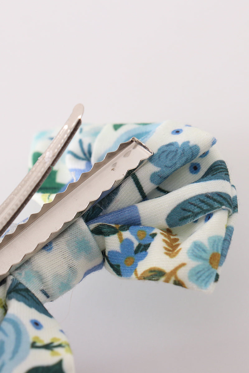 Blue floral print hair bow