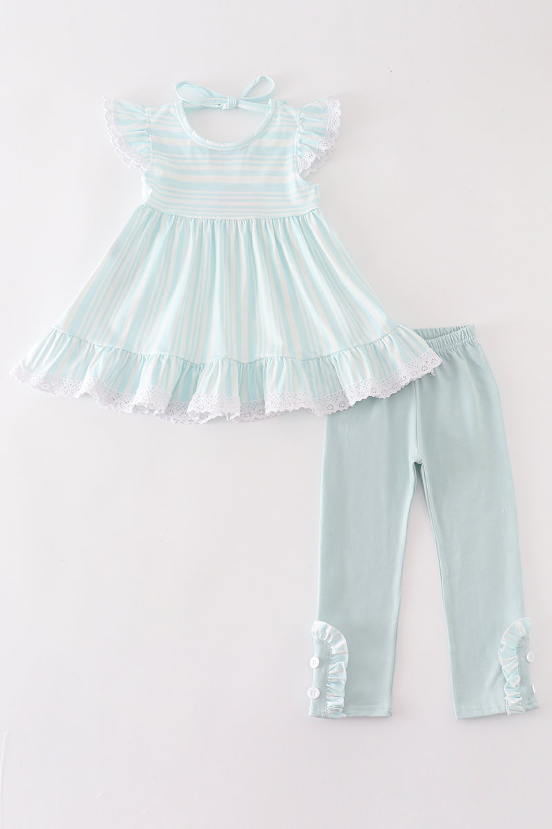 Blue stripe ruffle girl set