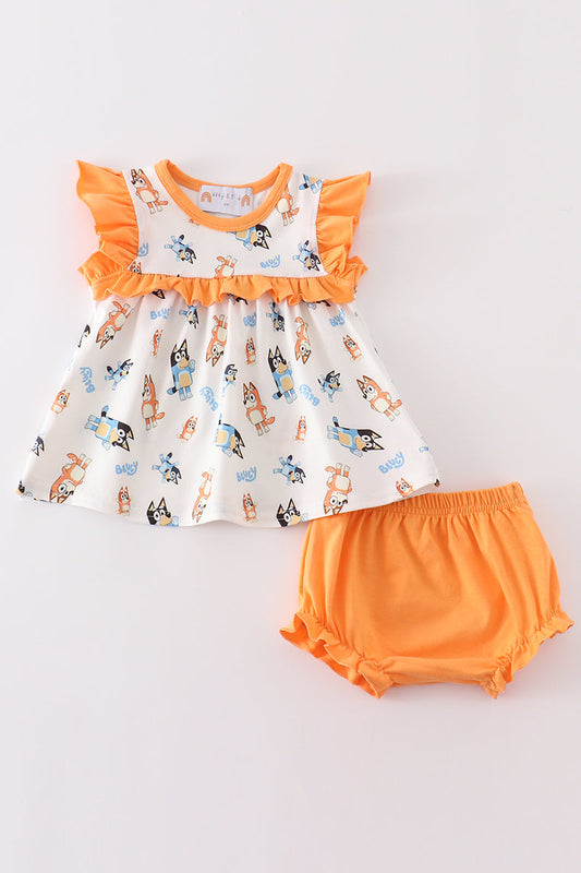 Orange character ruffle baby girl set