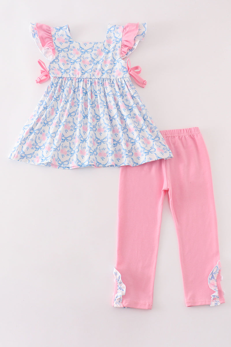 Pink bow print ruffle girl set