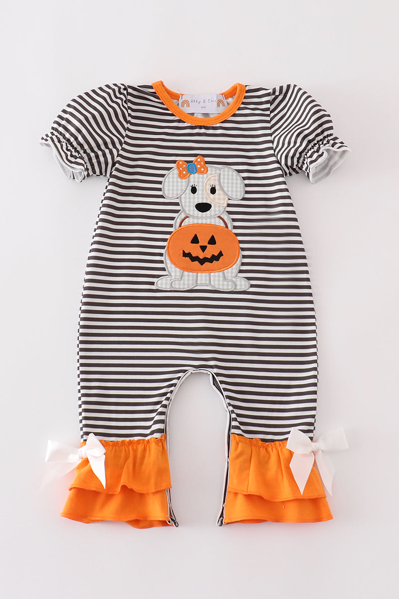 Halloween pumpkin puppy stripe applique girl romper