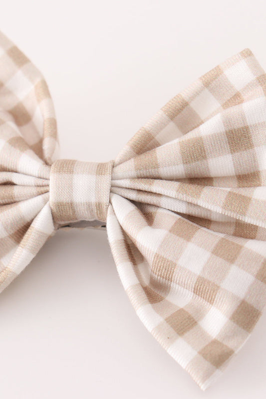 Khaki gingham piggie hair bow