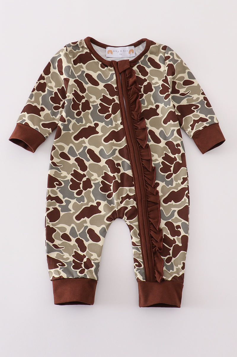 Camouflage ruffle zip girl romper