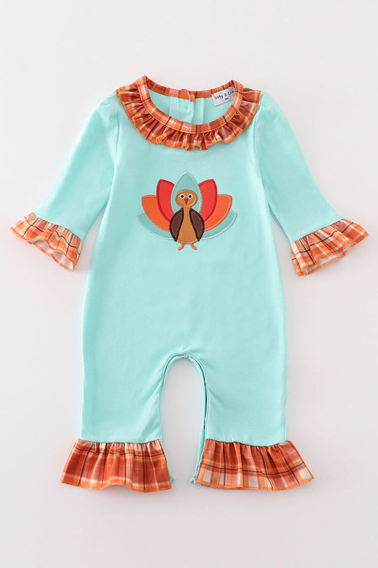 Green turkey applique girl romper