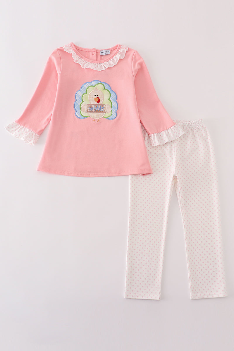 Pink turkey applique girl set