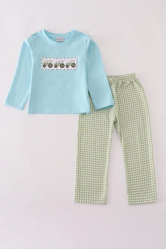 Blue tractor embroidery pants set
