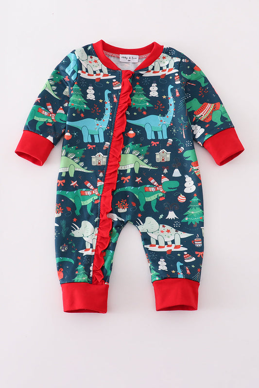 Green dinosaur print ruffle romper