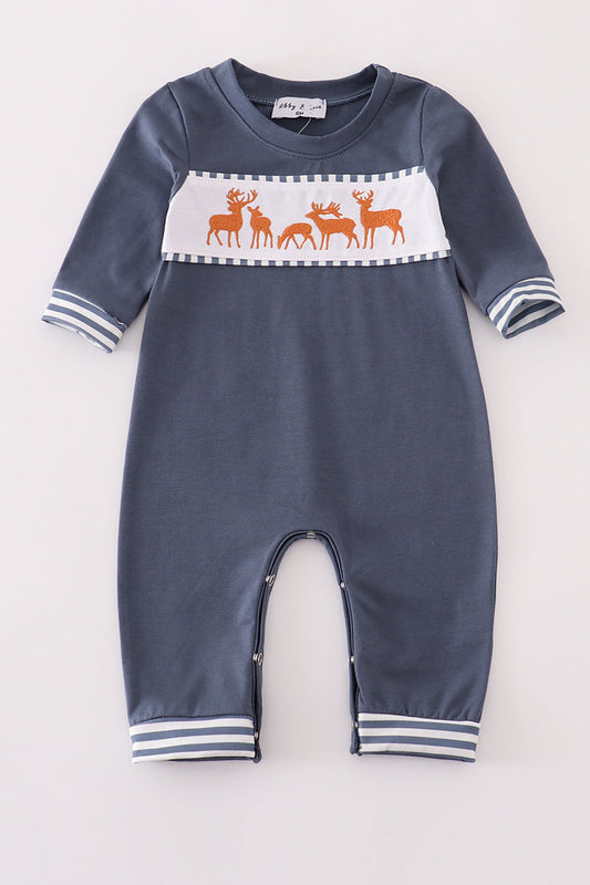 Navy deer embroidery romper