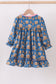 Navy gingerbread print ruffle gown