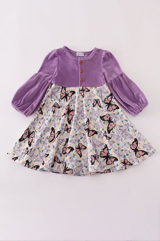 Purple butterfly print velvet dress