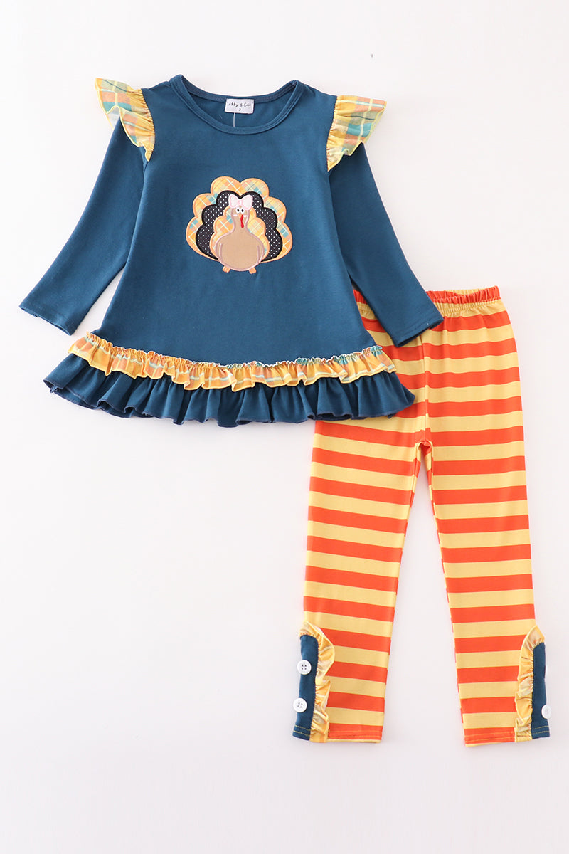 Navy thanksgiving turkey applique girl ruffle set