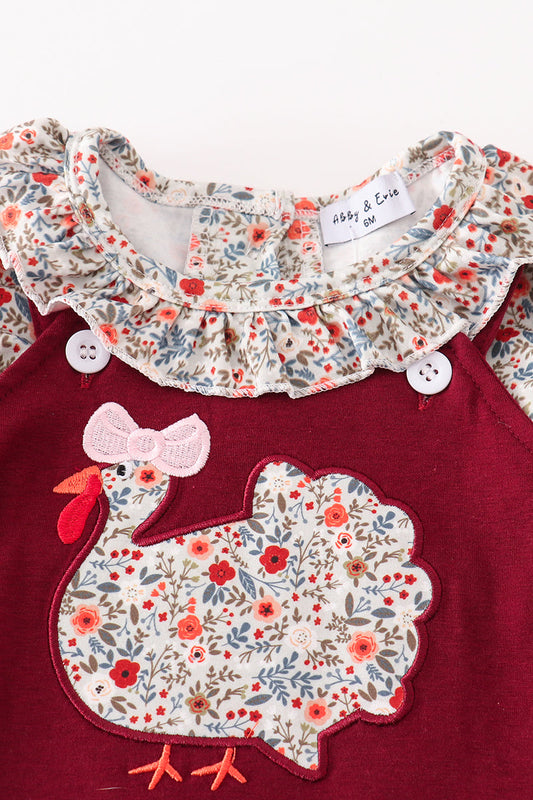 Maroon thanksgiving turkey applique floral girl romper set